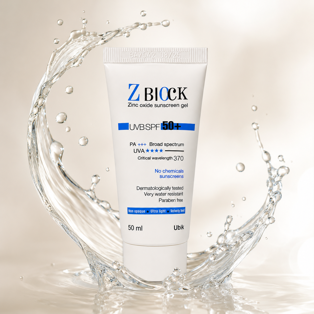 UBiK Z BLock Zinc Oxide Sunscreen Gel SPF 50+ 50ml lightweight mineral sunscreen for broad spectrum UV protection