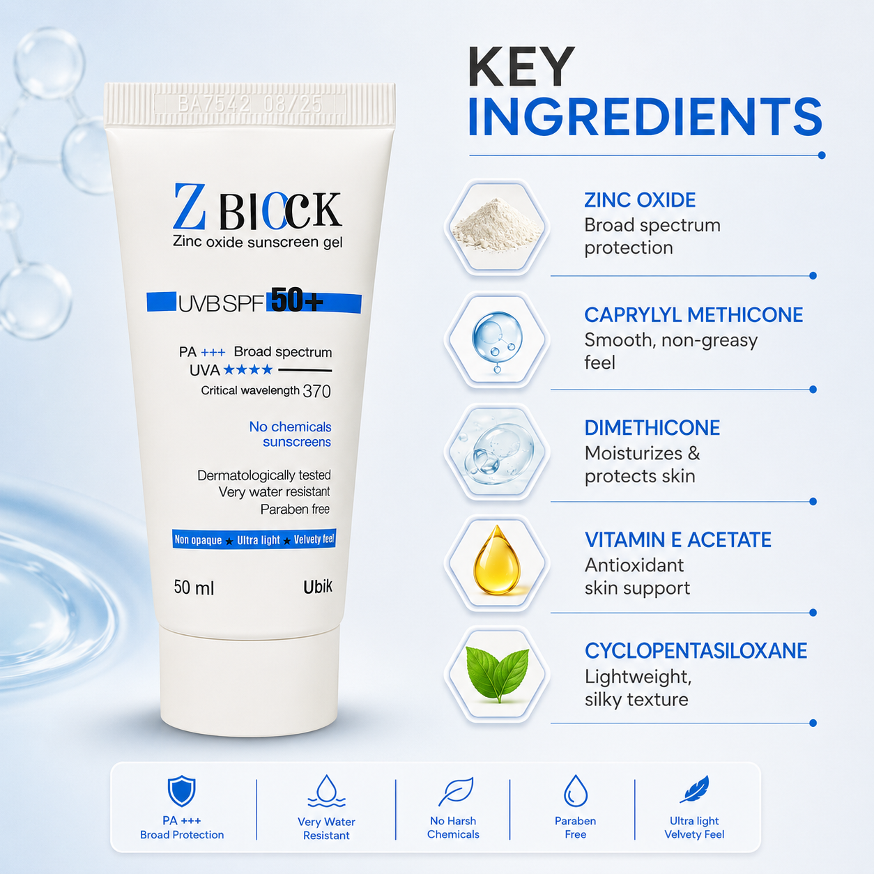 UBiK Z BLock Zinc Oxide Sunscreen Gel SPF 50+ 50ml lightweight mineral sunscreen for broad spectrum UV protection