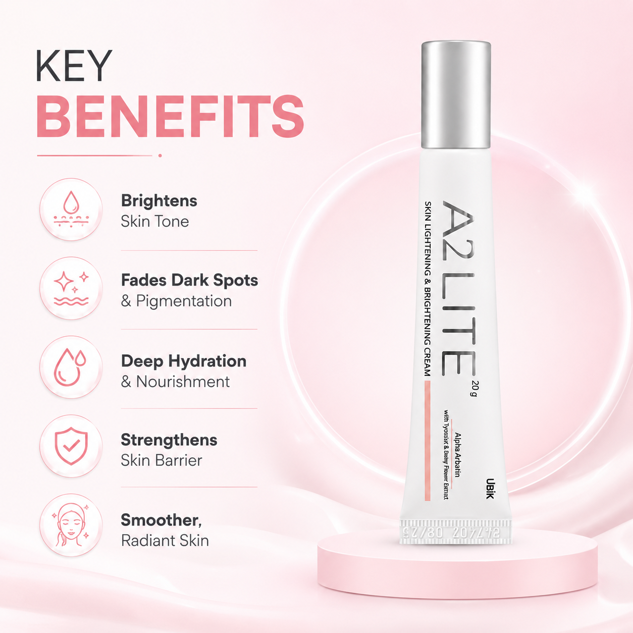 UBiK A2 LITE Skin Lightening & Brightening Cream 20g tube for dark spots, pigmentation, and uneven skin tone correction