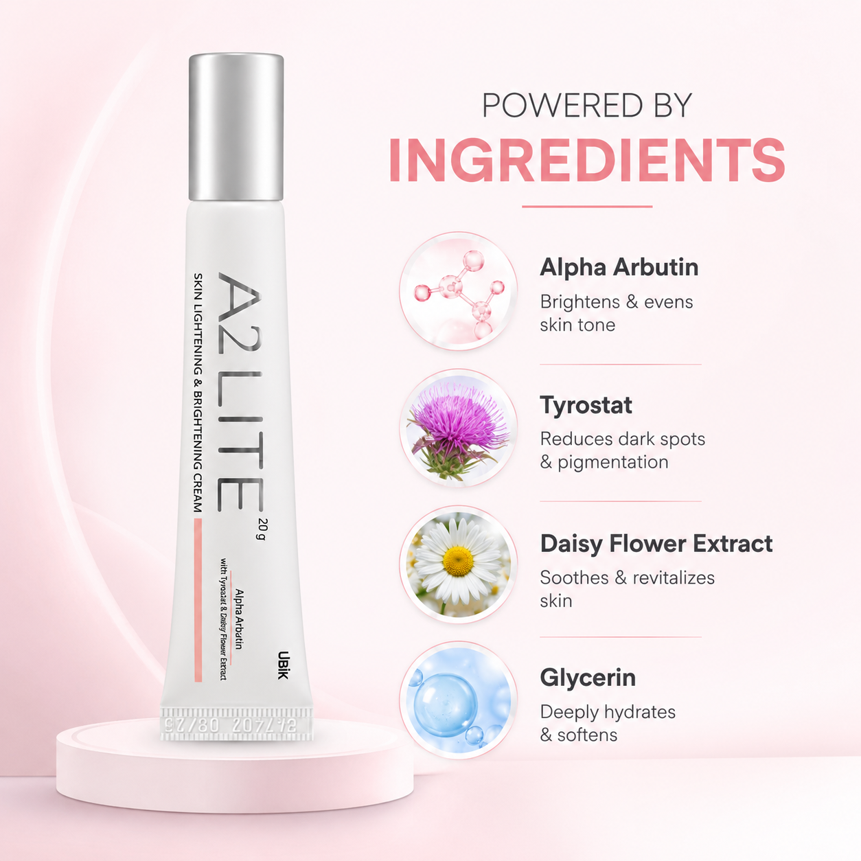 UBiK A2 LITE Skin Lightening & Brightening Cream 20g tube for dark spots, pigmentation, and uneven skin tone correction