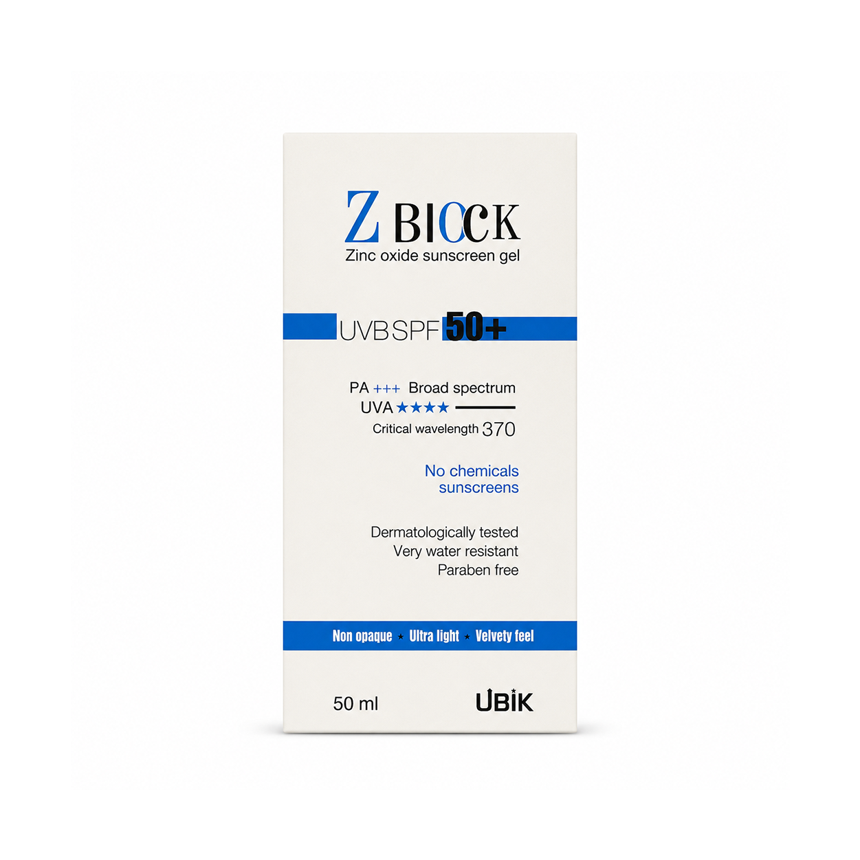 UBiK Z BLock Zinc Oxide Sunscreen Gel SPF 50+ 50ml lightweight mineral sunscreen for broad spectrum UV protection