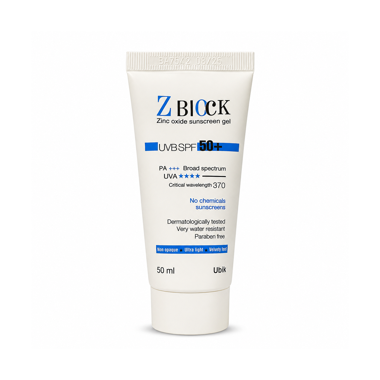 UBiK Z BLock Zinc Oxide Sunscreen Gel SPF 50+ 50ml lightweight mineral sunscreen for broad spectrum UV protection