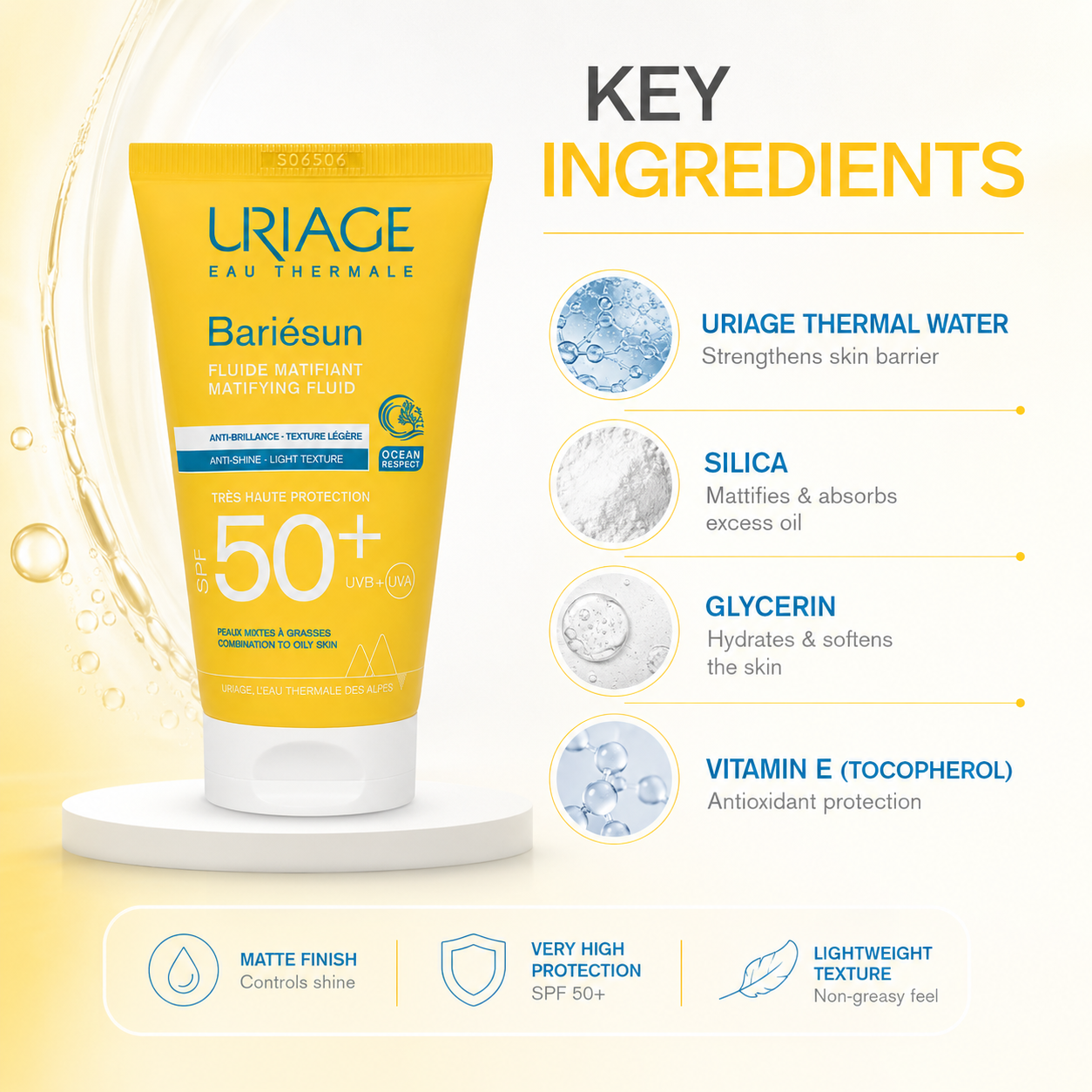 Uriage Bariésun Fluide Matifiant SPF 50+ Mattifying Fluid 50ml face sunscreen for combination to oily skin with lightweight shine control.