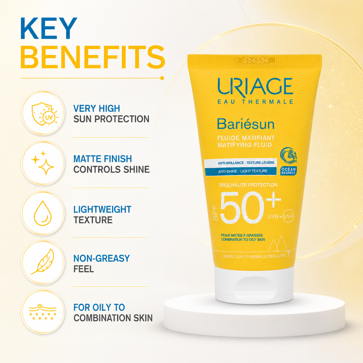 Uriage Bariésun Fluide Matifiant SPF 50+ Mattifying Fluid 50ml face sunscreen for combination to oily skin with lightweight shine control.