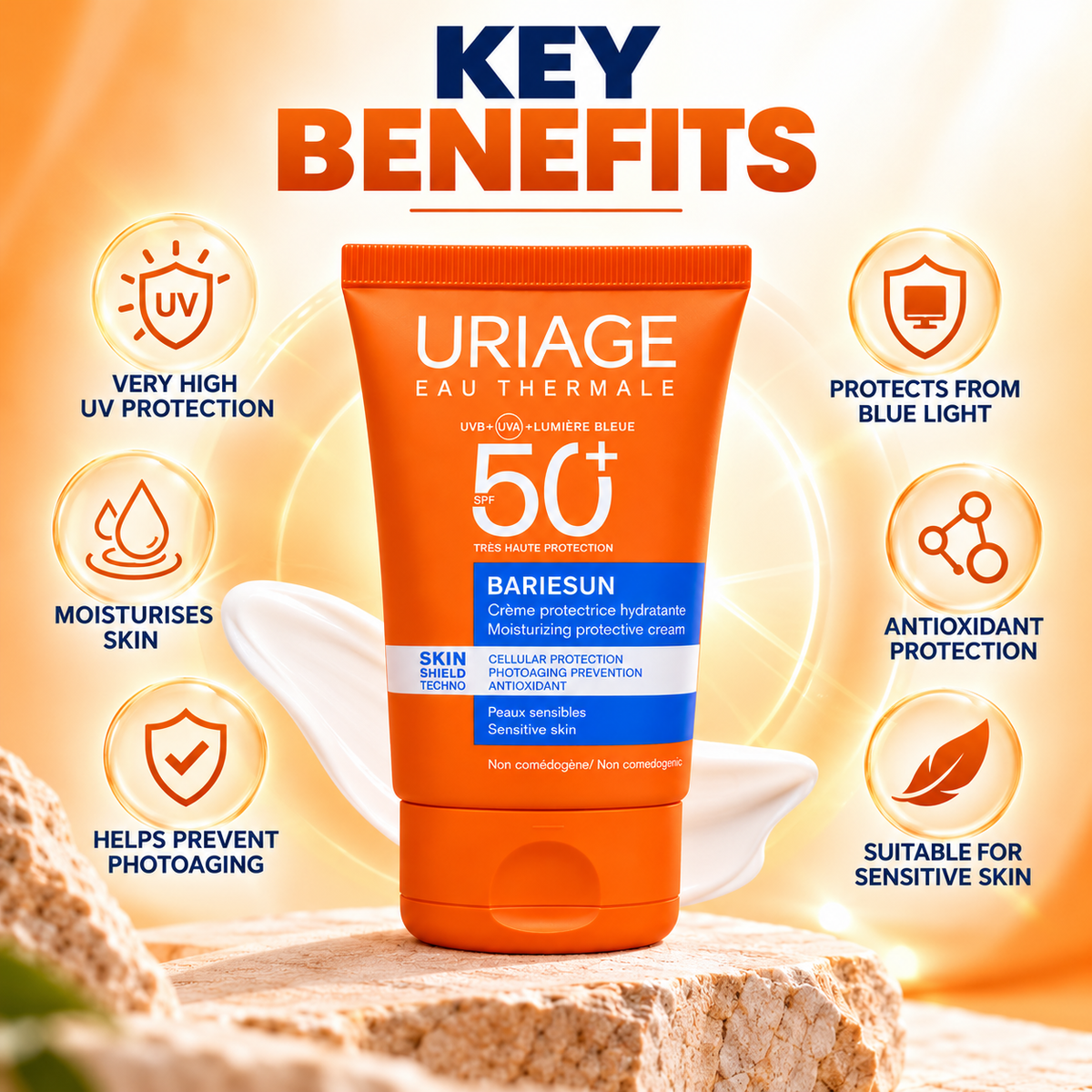 Uriage Bariésun Moisturizing Protective Cream SPF 50+ 50ml facial sunscreen for very high UVA and UVB protection.