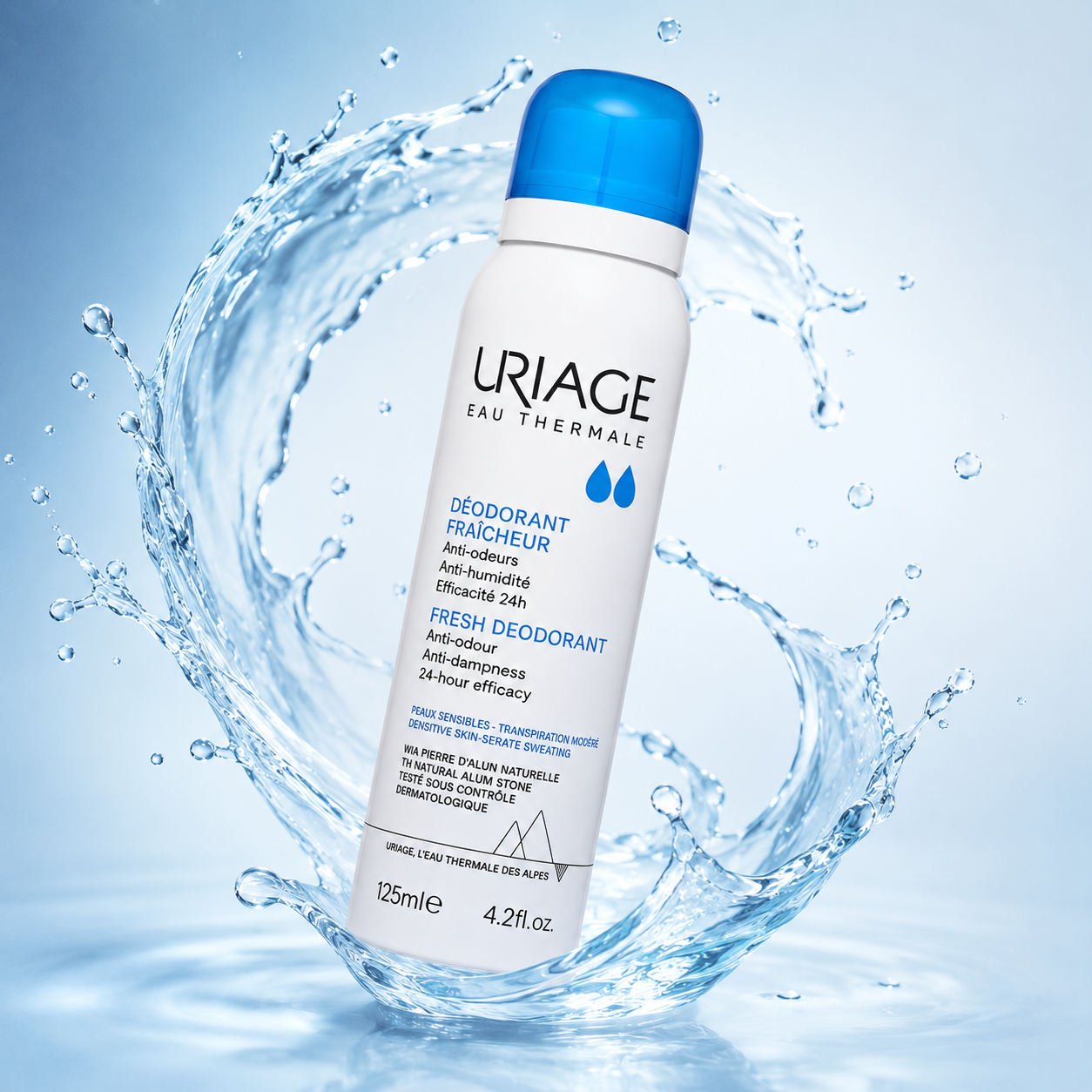 Uriage Eau Thermale Fresh Deodorant Spray 125ml for sensitive skin with 24-hour odour and anti-dampness protection.