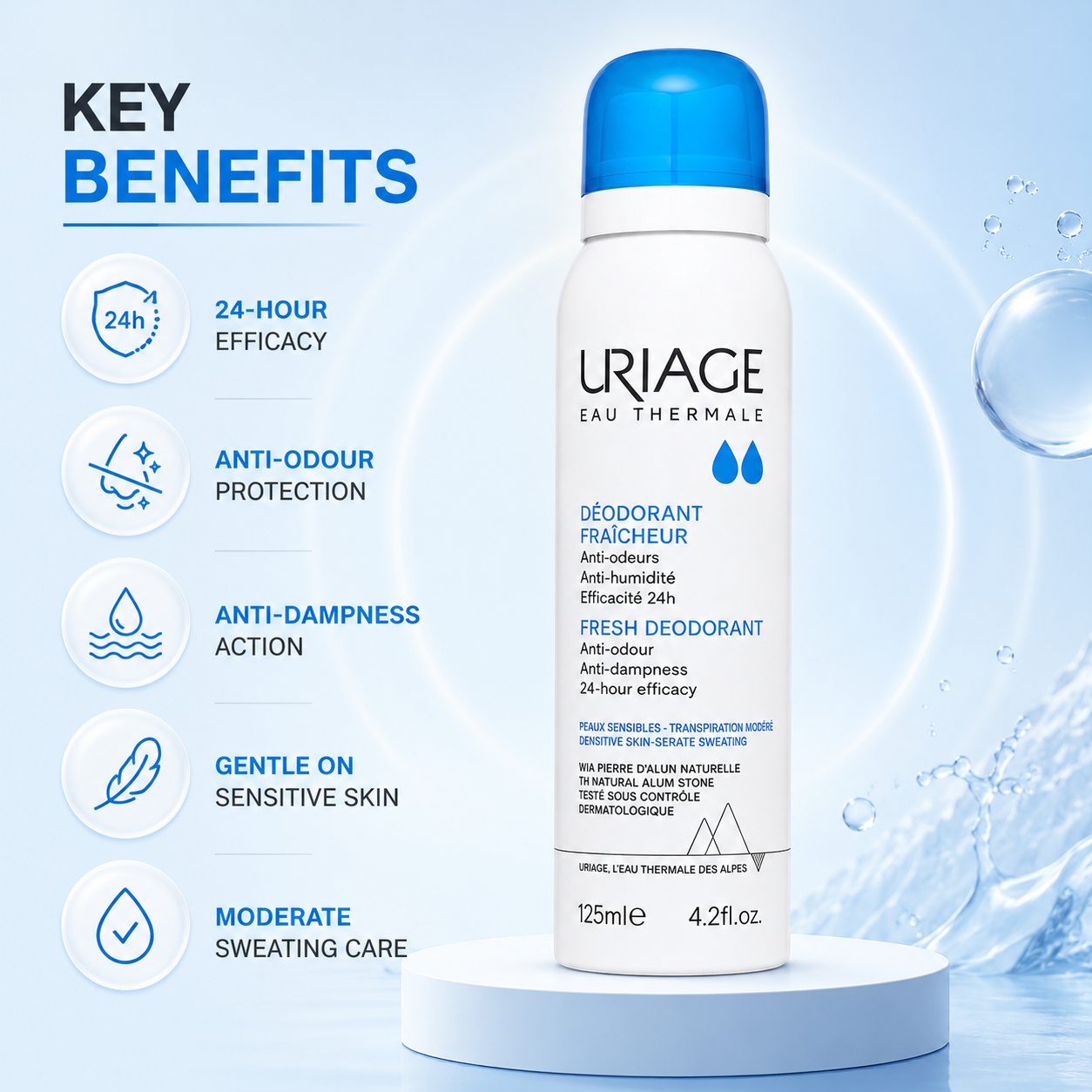 Uriage Eau Thermale Fresh Deodorant Spray 125ml for sensitive skin with 24-hour odour and anti-dampness protection.