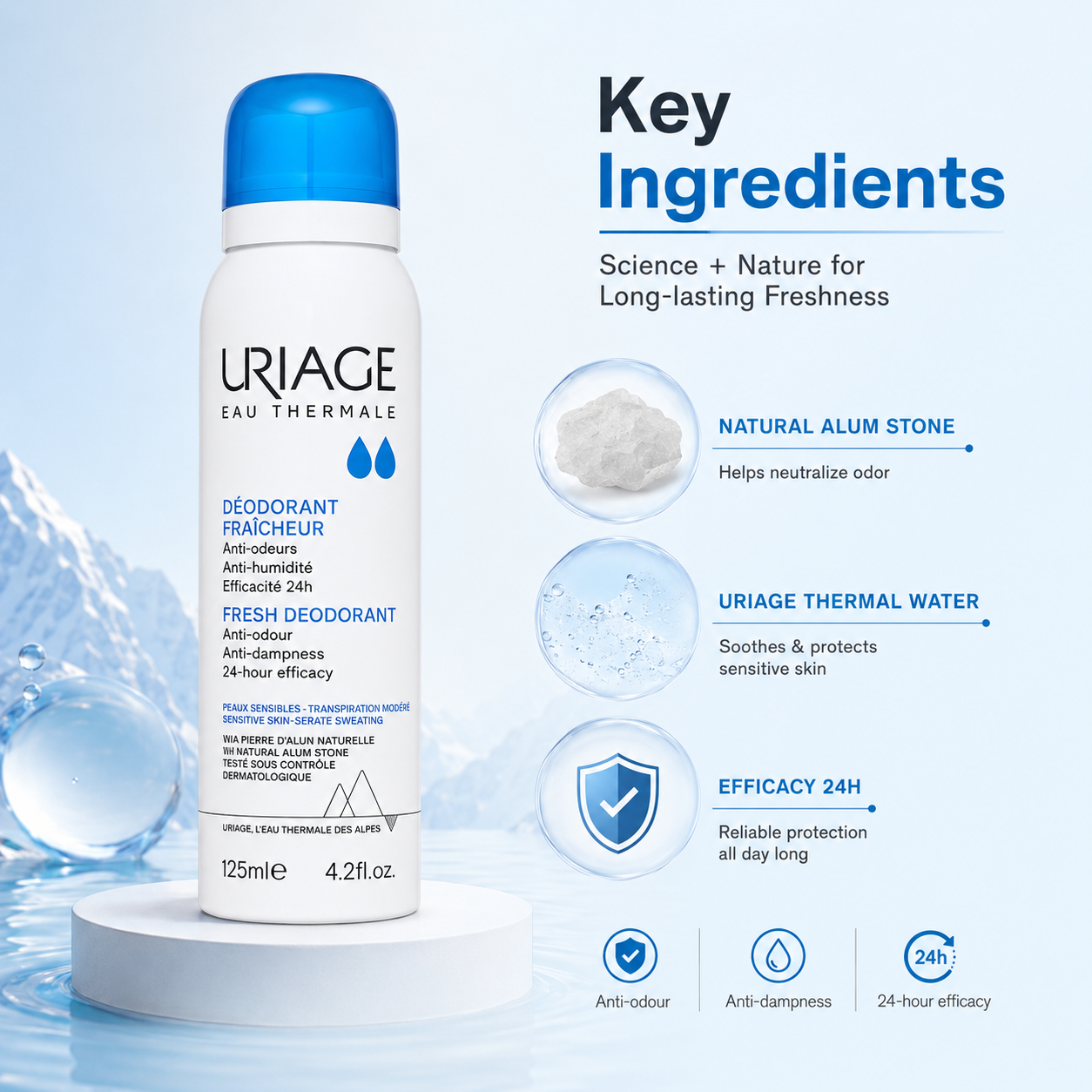 Uriage Eau Thermale Fresh Deodorant Spray 125ml for sensitive skin with 24-hour odour and anti-dampness protection.