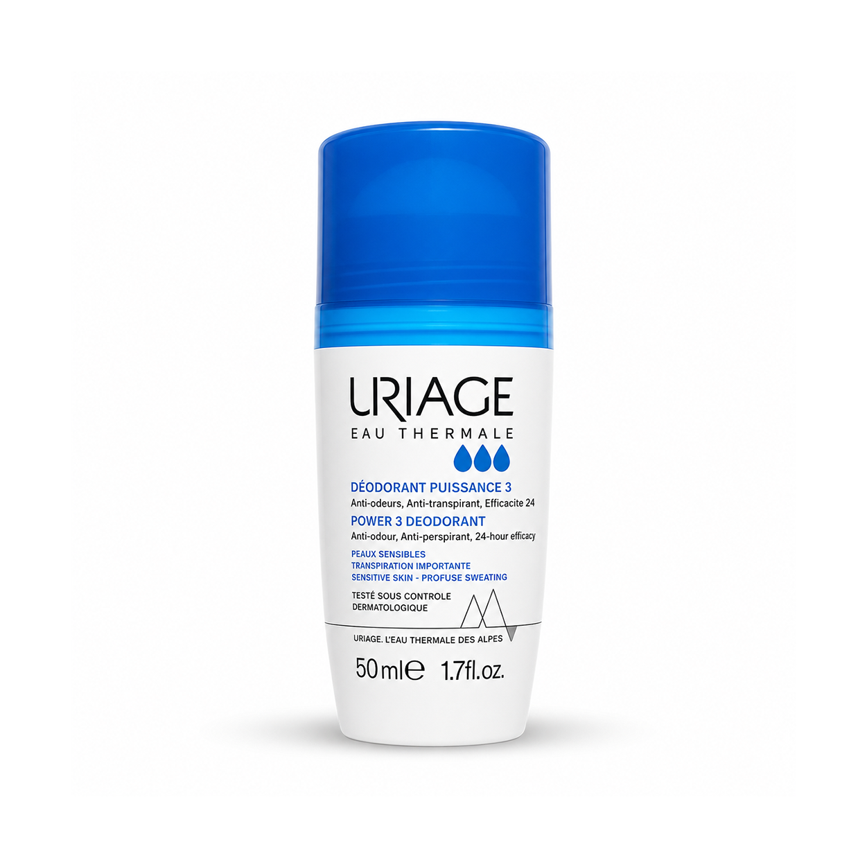 Uriage Eau Thermale Power 3 Deodorant Roll-On 50ml for sensitive skin with 24-hour anti-perspirant protection and long-lasting freshness.
