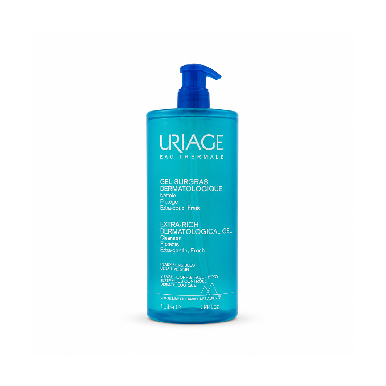 Uriage Extra-Rich Dermatological Cleansing Gel 1L soap-free face and body cleanser for sensitive dry skin hydration