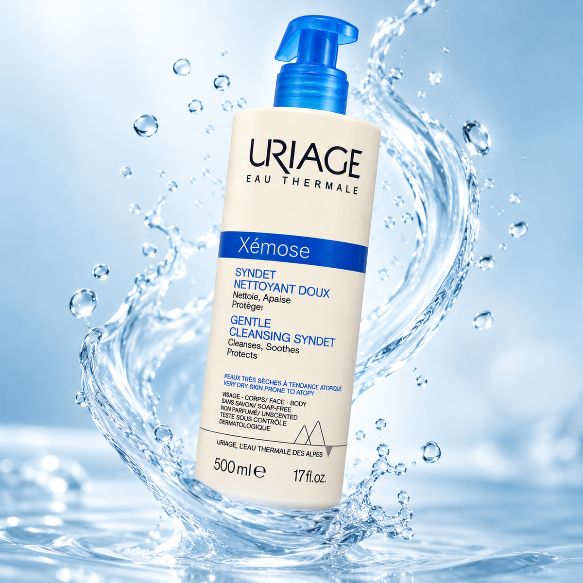 Uriage Xémose Gentle Cleansing Syndet 500ml soap-free cleanser for very dry, atopy-prone sensitive skin