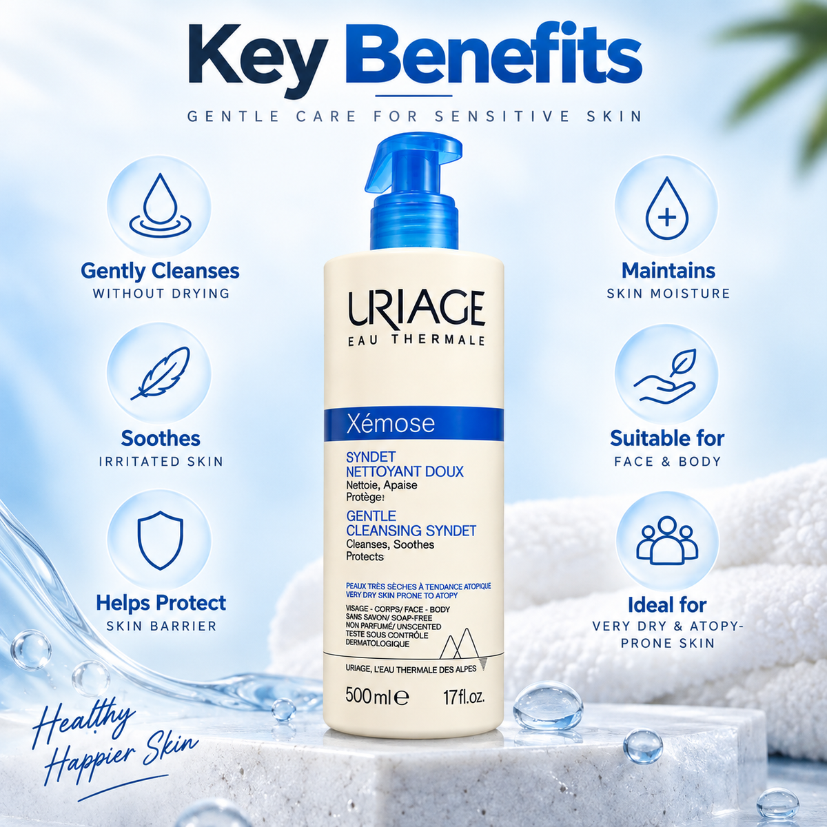 Uriage Xémose Gentle Cleansing Syndet 500ml soap-free cleanser for very dry, atopy-prone sensitive skin