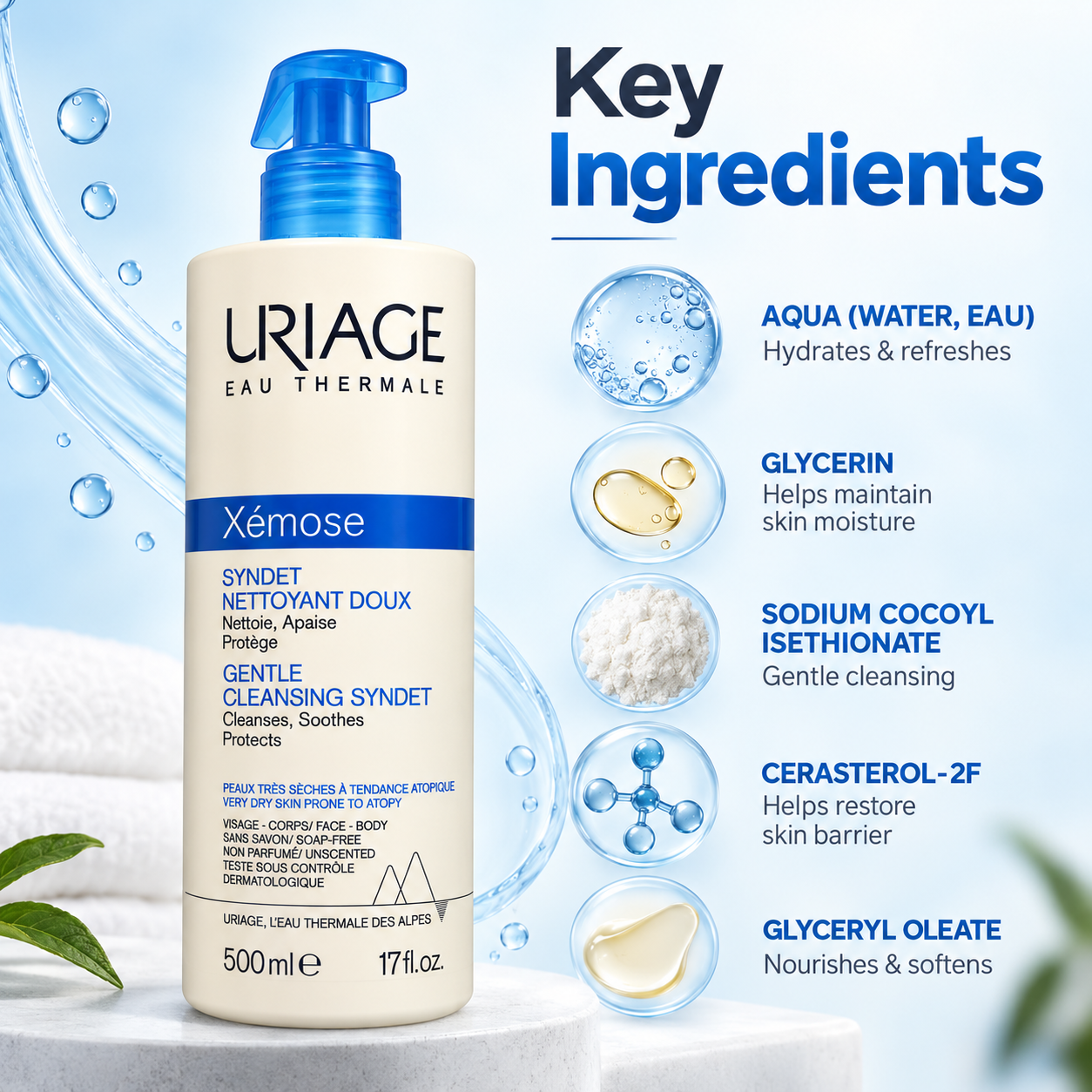 Uriage Xémose Gentle Cleansing Syndet 500ml soap-free cleanser for very dry, atopy-prone sensitive skin