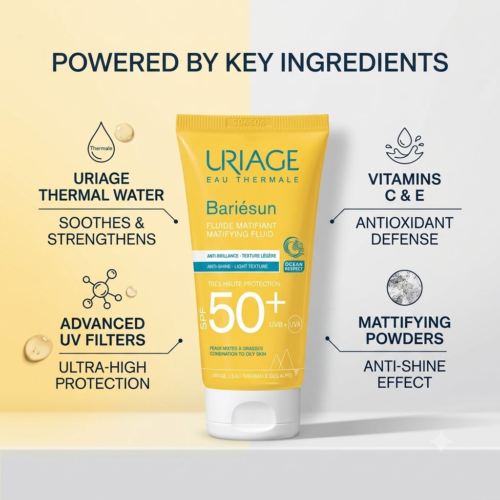 Uriage Bariésun Matifying Fluid SPF 50+ 50ml facial sunscreen for combination to oily skin with lightweight matte finish and high UV protection
