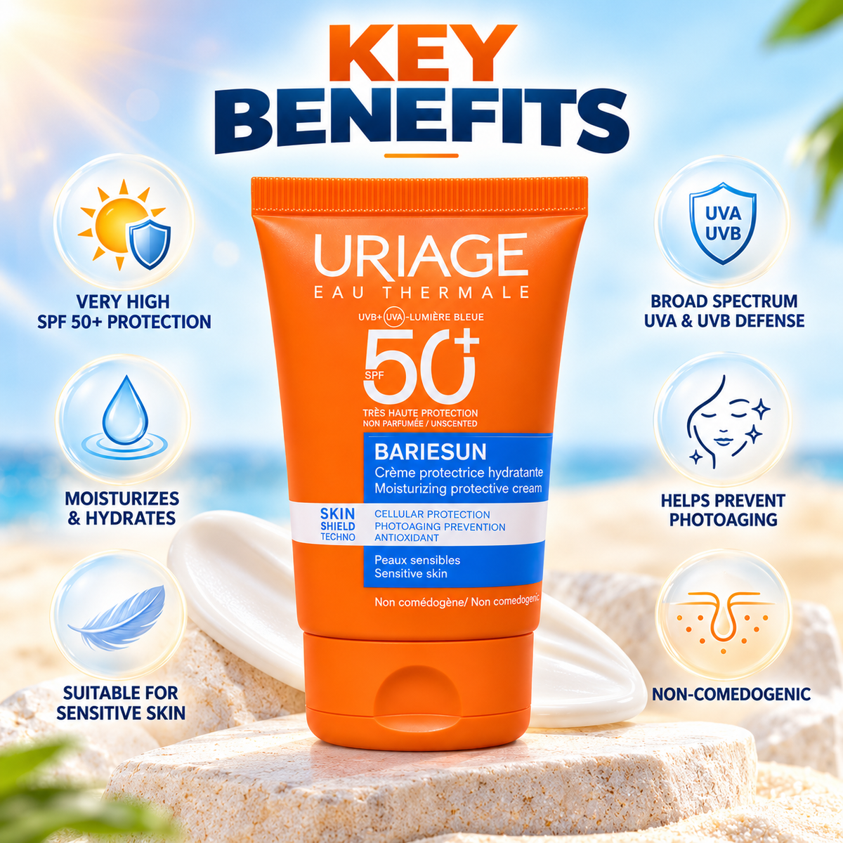 Uriage Bariésun Moisturizing Protective Cream SPF 50+ facial sunscreen for sensitive skin, 50ml, with very high UV protection
