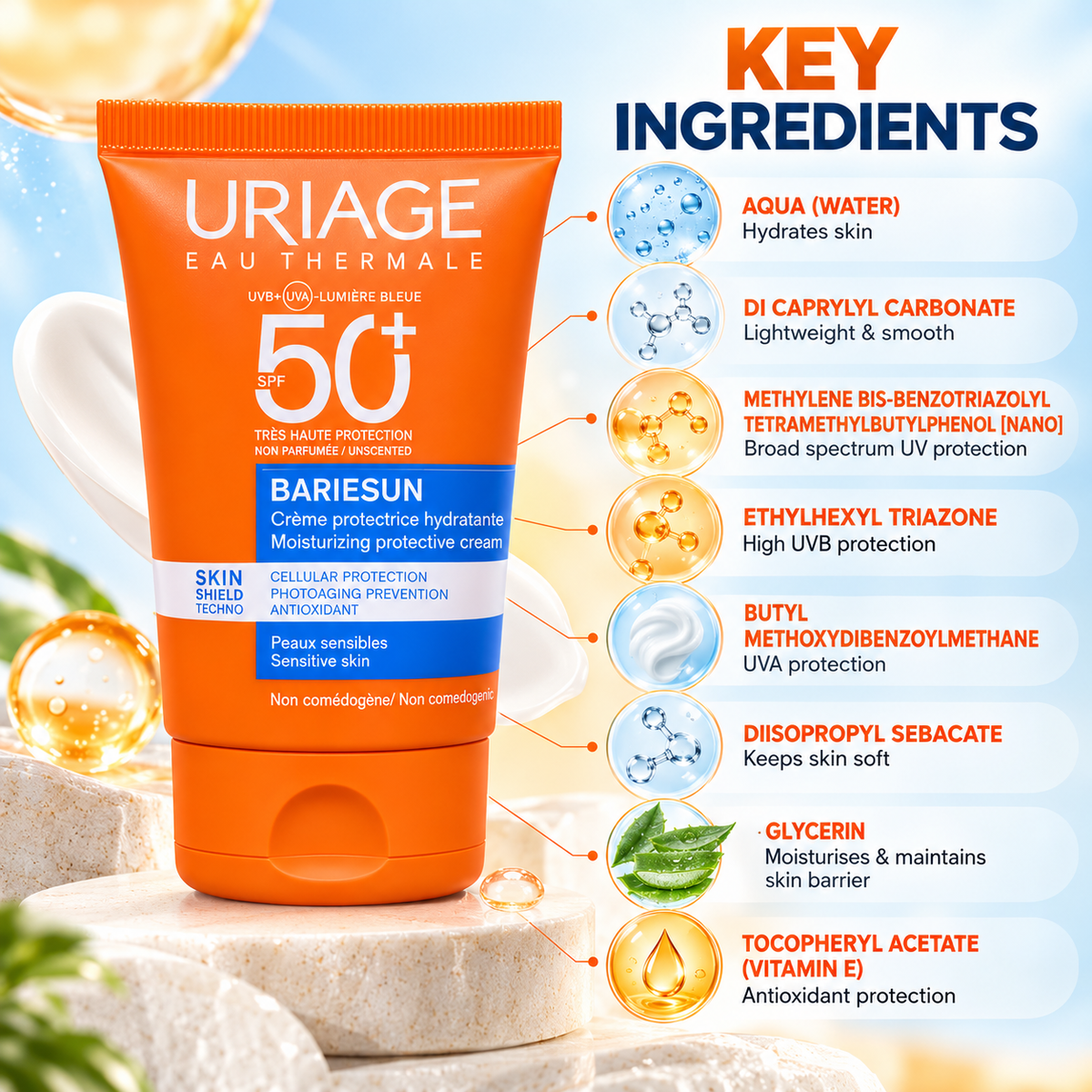 Uriage Bariésun Moisturizing Protective Cream SPF 50+ facial sunscreen for sensitive skin, 50ml, with very high UV protection