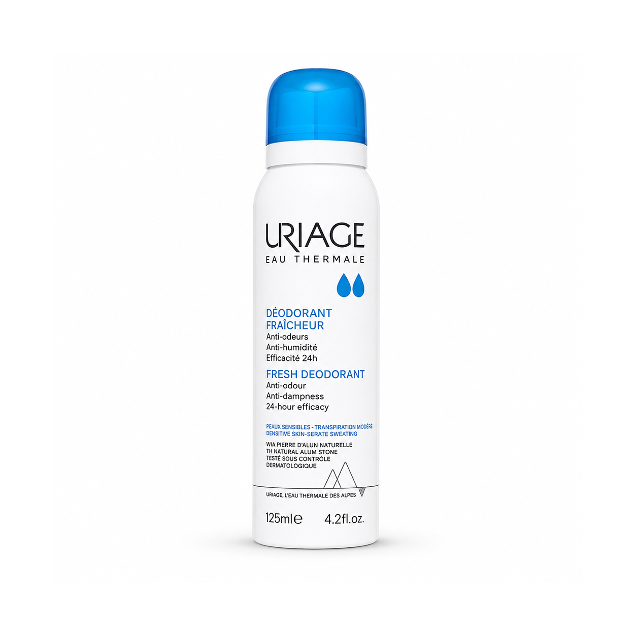 Uriage Eau Thermale Fresh Deodorant Spray 125ml for sensitive skin with 24-hour odour and anti-dampness protection.