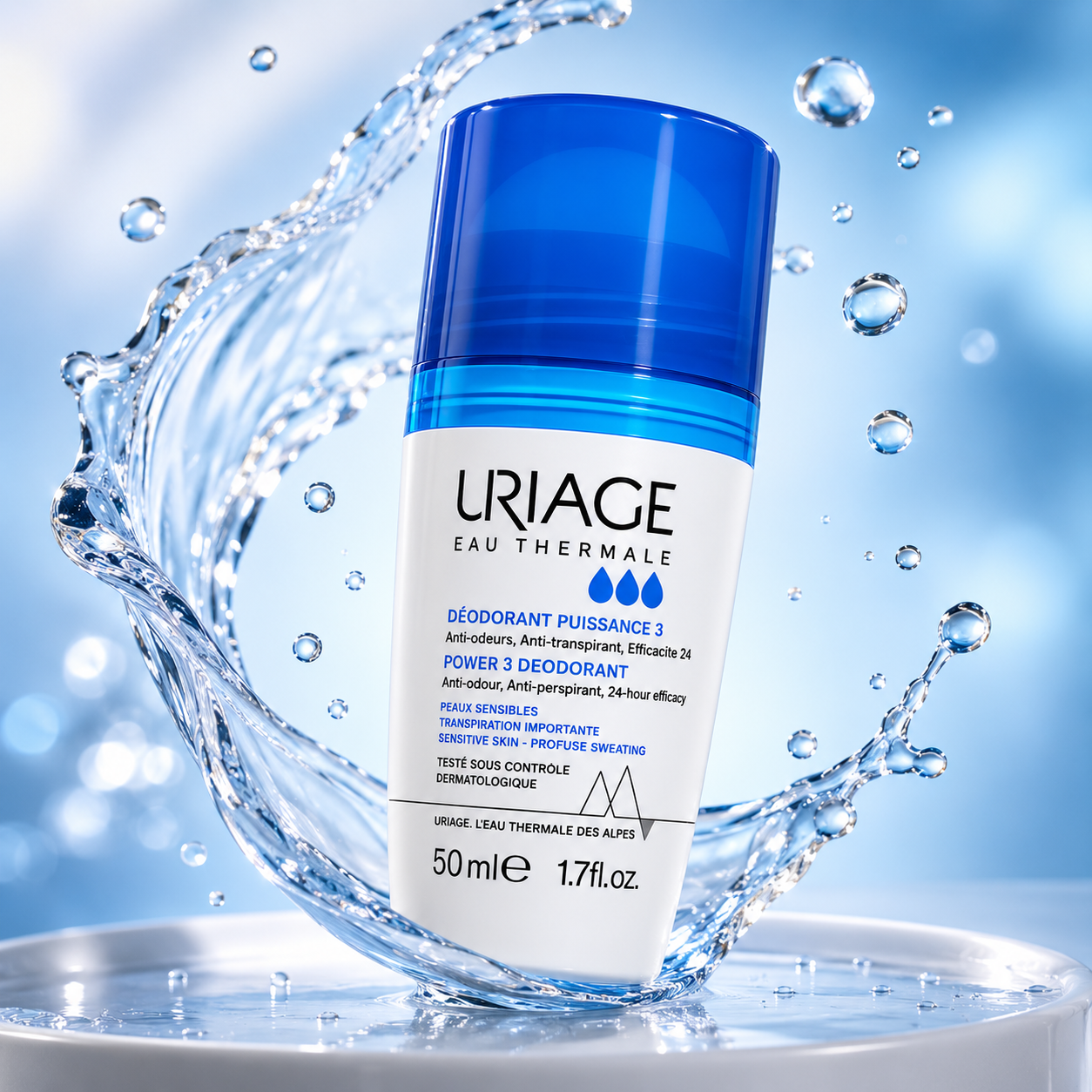 Uriage Eau Thermale Power 3 Deodorant Roll-On 50ml for sensitive skin with 24-hour anti-perspirant protection and long-lasting freshness.