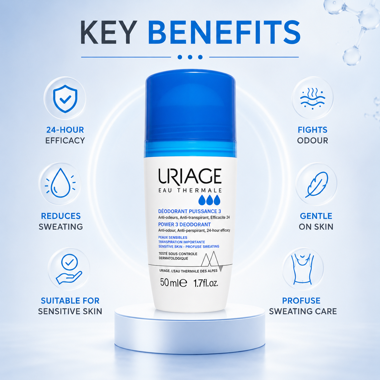 Uriage Eau Thermale Power 3 Deodorant Roll-On 50ml for sensitive skin with 24-hour anti-perspirant protection and long-lasting freshness.