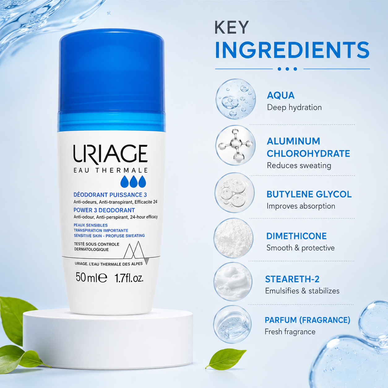 Uriage Eau Thermale Power 3 Deodorant Roll-On 50ml for sensitive skin with 24-hour anti-perspirant protection and long-lasting freshness.
