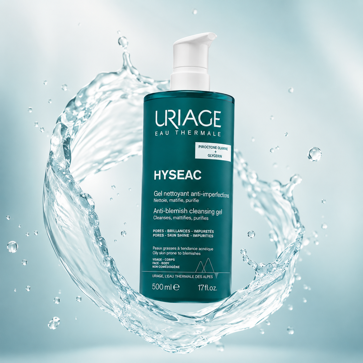 Uriage Hyséac Anti-Blemish Cleansing Gel 500ml for oily, blemish-prone skin, cleansing and purifying impurities
