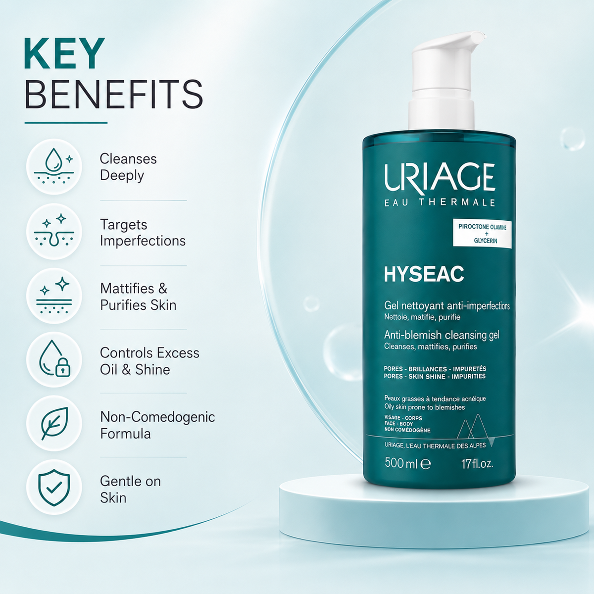 Uriage Hyséac Anti-Blemish Cleansing Gel 500ml for oily, blemish-prone skin, cleansing and purifying impurities