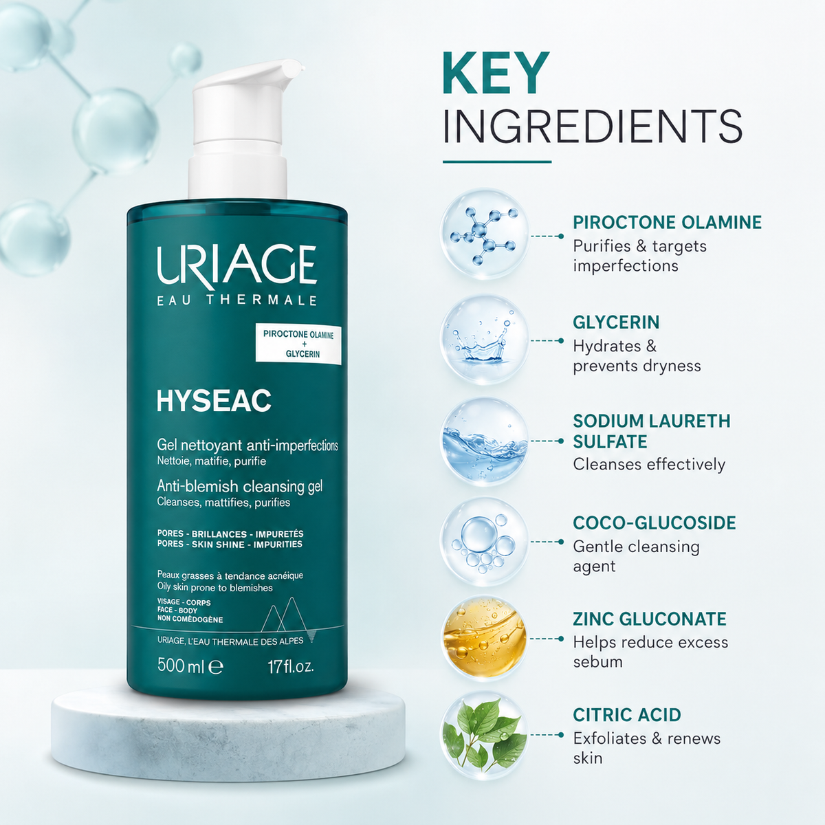Uriage Hyséac Anti-Blemish Cleansing Gel 500ml for oily, blemish-prone skin, cleansing and purifying impurities
