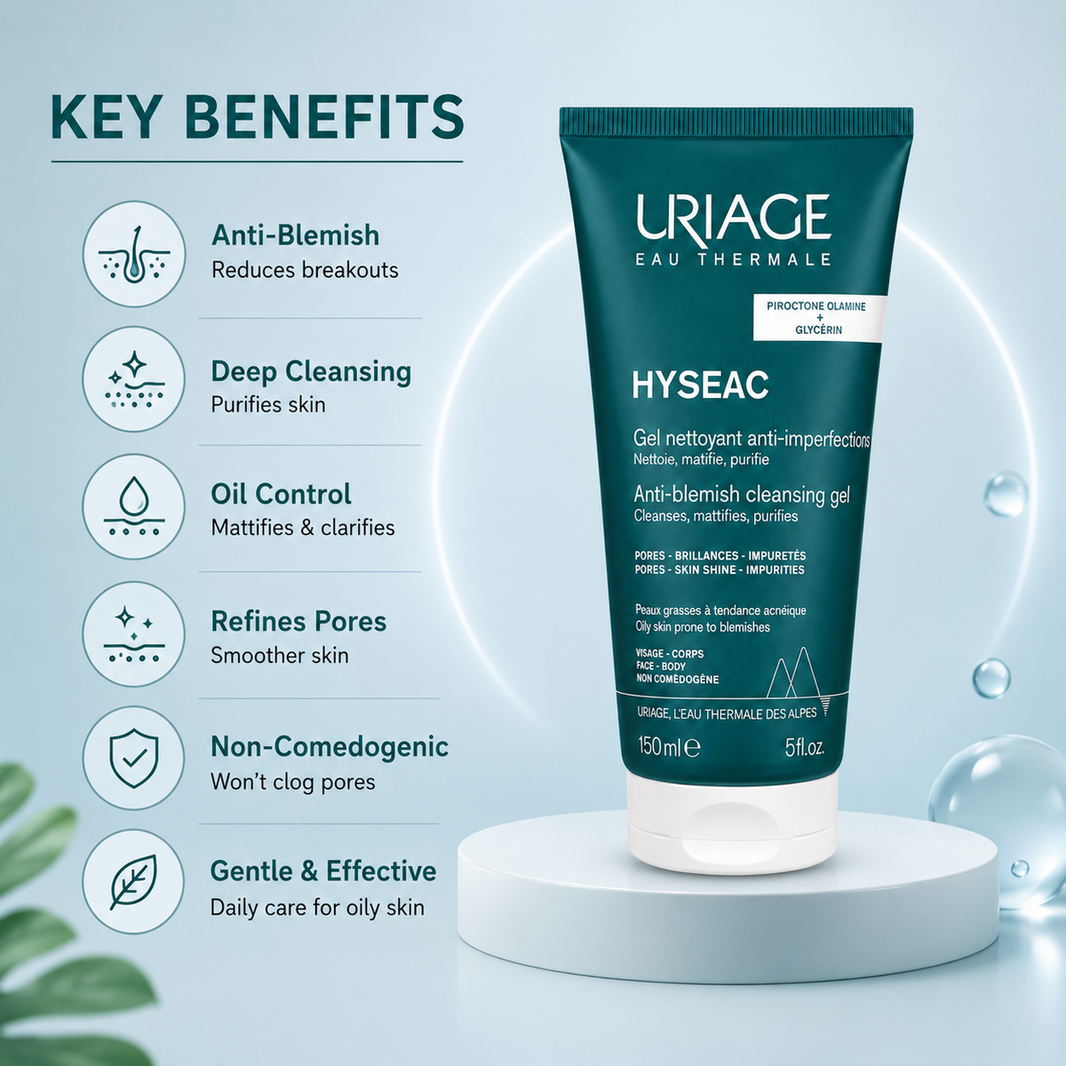 Uriage Hyséac Anti-Blemish Cleansing Gel 150ml for oily, blemish-prone skin, purifying and mattifying cleanser