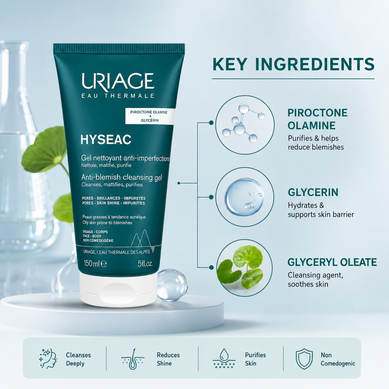 Uriage Hyséac Anti-Blemish Cleansing Gel 150ml for oily, blemish-prone skin, purifying and mattifying cleanser