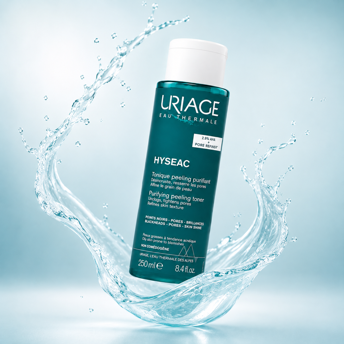 Uriage Hyséac Purifying Peeling Toner 250ml for oily skin, helping unclog pores and refine skin texture