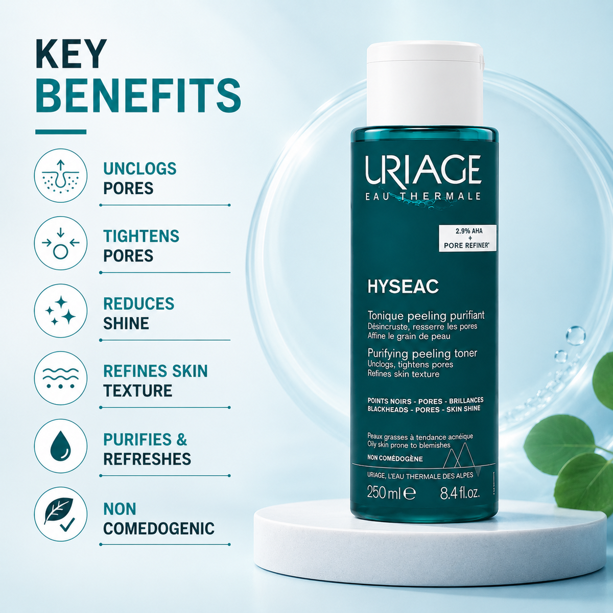 Uriage Hyséac Purifying Peeling Toner 250ml for oily skin, helping unclog pores and refine skin texture