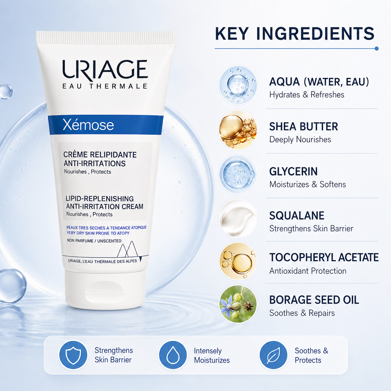 Uriage Xémose Lipid-Replenishing Anti-Irritation Cream 200ml tube for very dry and atopy-prone skin, helping nourish and repair the skin barrier.