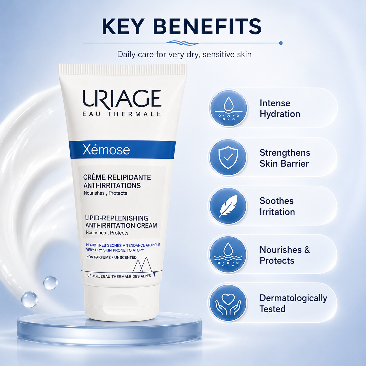 Uriage Xémose Lipid-Replenishing Anti-Irritation Cream 200ml tube for very dry and atopy-prone skin, helping nourish and repair the skin barrier.