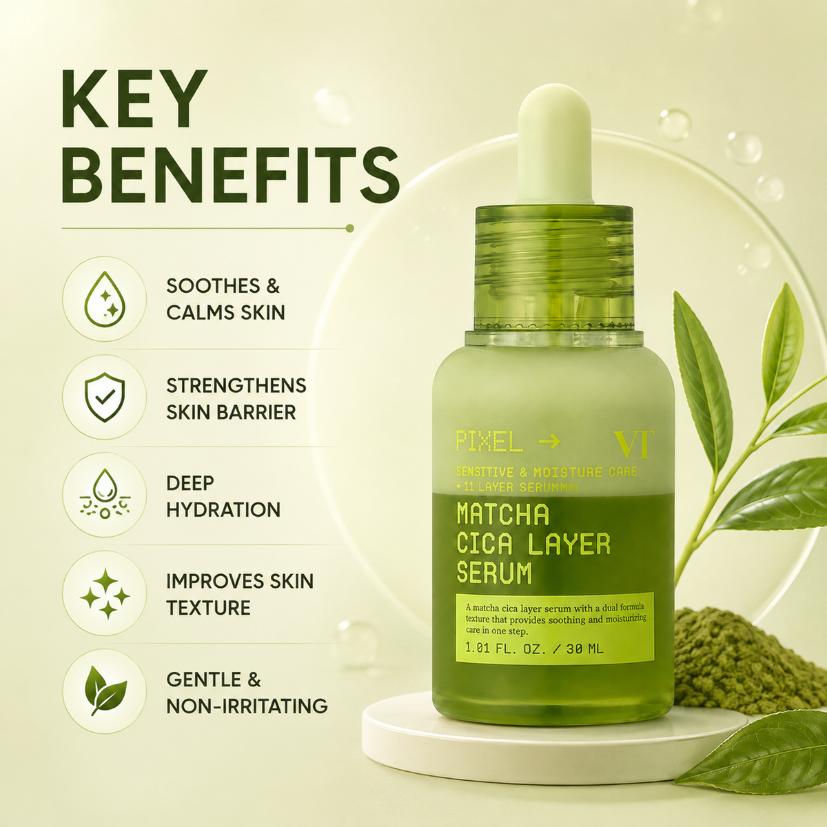 VT Matcha Cica Layer Serum facial serum 30ml for sensitive dry skin with soothing and moisturizing care