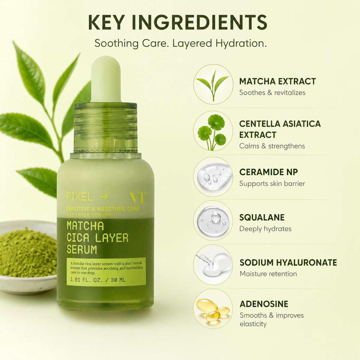 VT Matcha Cica Layer Serum facial serum 30ml for sensitive dry skin with soothing and moisturizing care