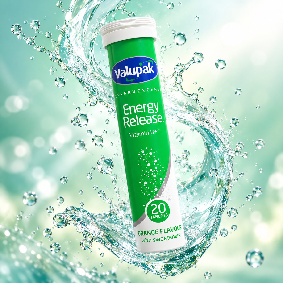 Valupak Effervescents Energy Release Vitamin B+C 20 Tablets, orange effervescent supplement for daily energy support