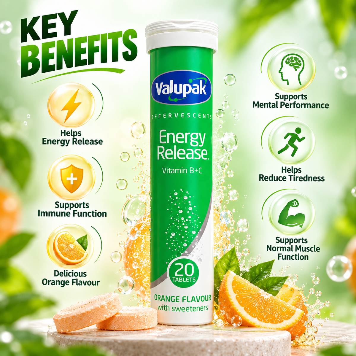 Valupak Effervescents Energy Release Vitamin B+C 20 Tablets, orange effervescent supplement for daily energy support