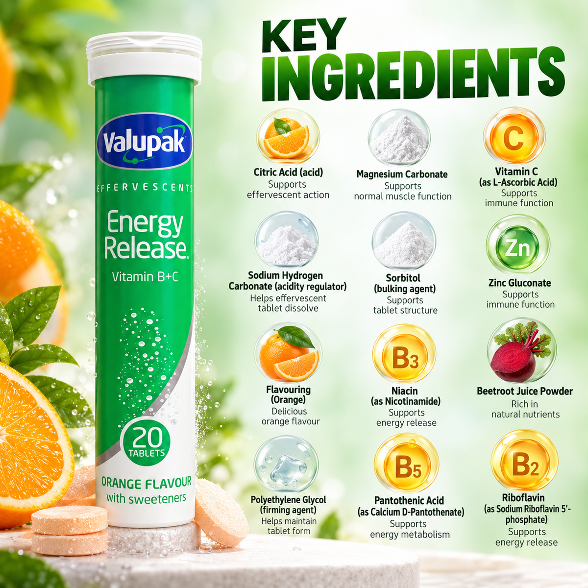 Valupak Effervescents Energy Release Vitamin B+C 20 Tablets, orange effervescent supplement for daily energy support