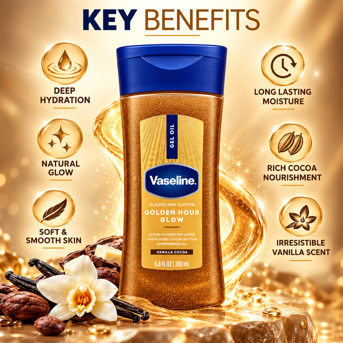 Vaseline Golden Hour Glow Vanilla Cocoa Gel Oil 200ml shimmering body oil for radiant, golden-glow skin.
