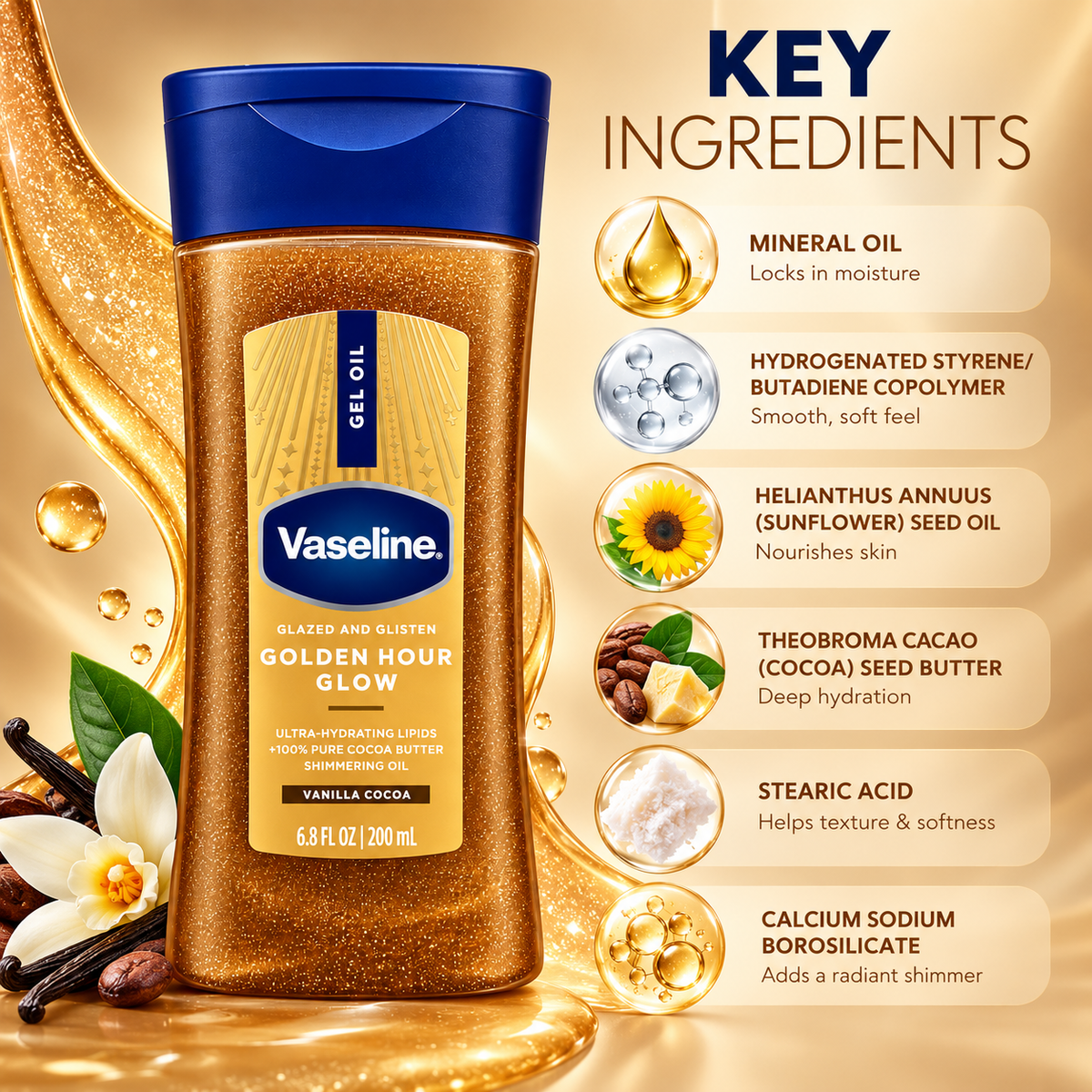 Vaseline Golden Hour Glow Vanilla Cocoa Gel Oil 200ml shimmering body oil for radiant, golden-glow skin.