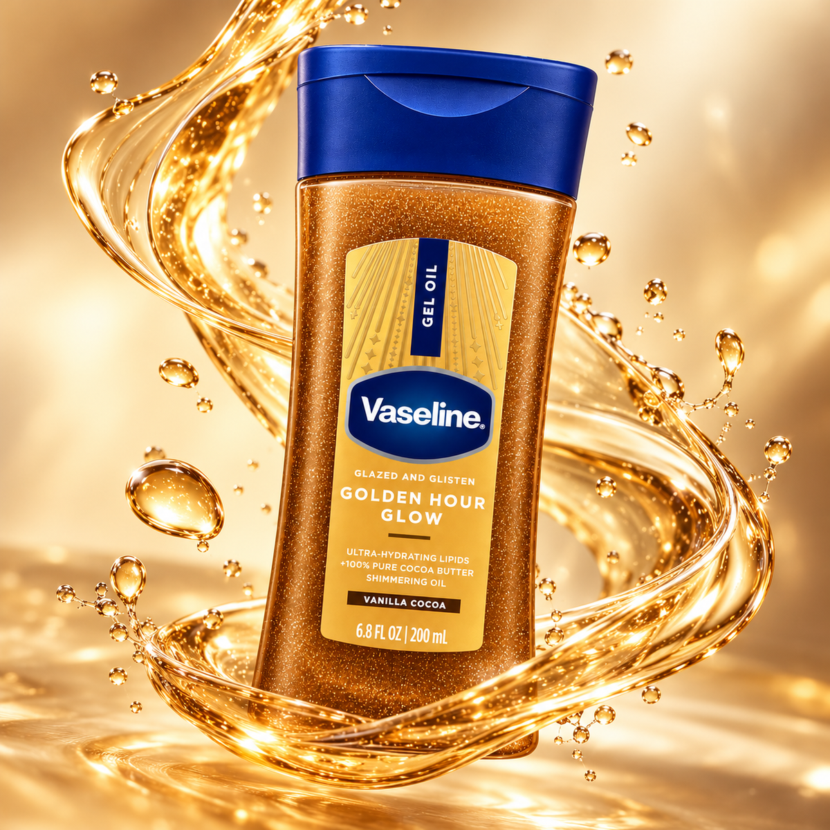 Vaseline Golden Hour Glow Vanilla Cocoa Gel Oil 200ml shimmering body oil for radiant, golden-glow skin.
