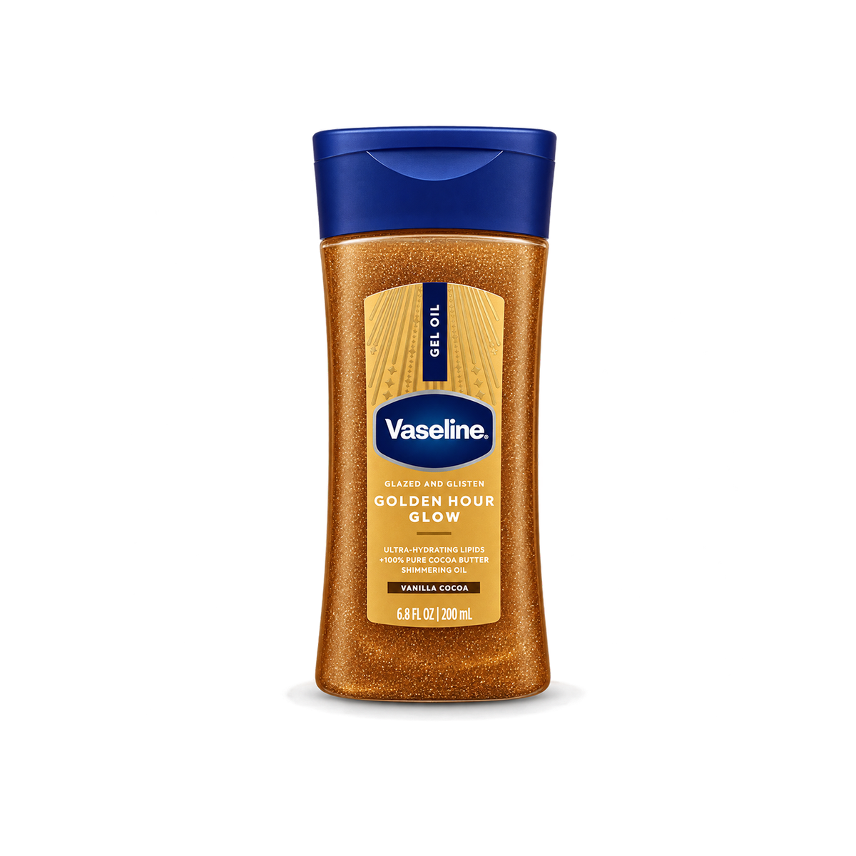 Vaseline Golden Hour Glow Vanilla Cocoa Gel Oil 200ml shimmering body oil for radiant, golden-glow skin.