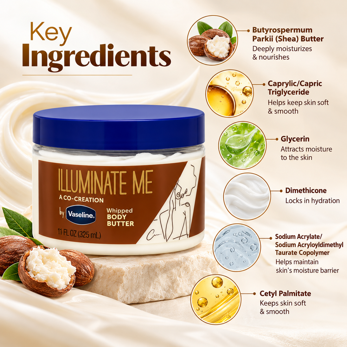 Vaseline Illuminate Me Whipped Body Butter 325ml with rich moisturising care to soften and nourish dry skin.