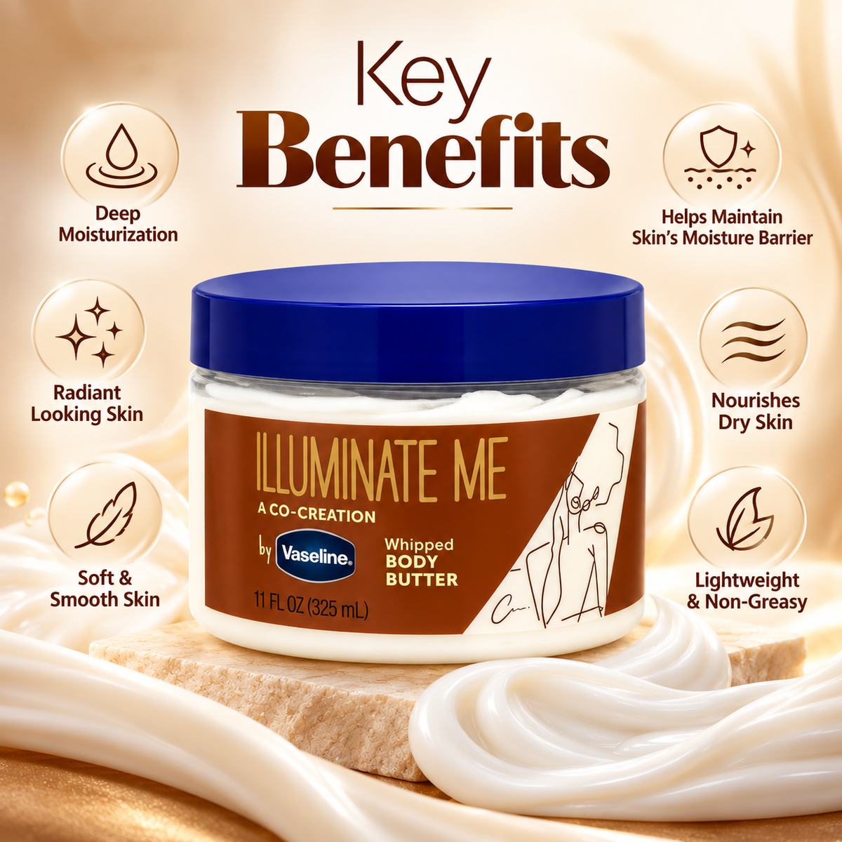 Vaseline Illuminate Me Whipped Body Butter 325ml with rich moisturising care to soften and nourish dry skin.
