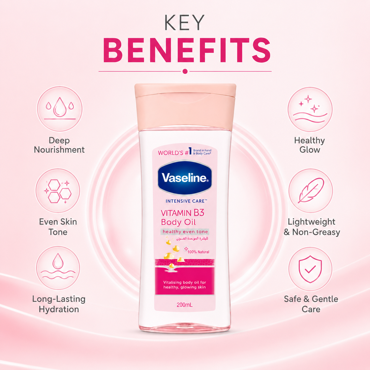 Vaseline Intensive Care Vitamin B3 Body Oil 200ml for uneven skin tone and daily lightweight skin hydration