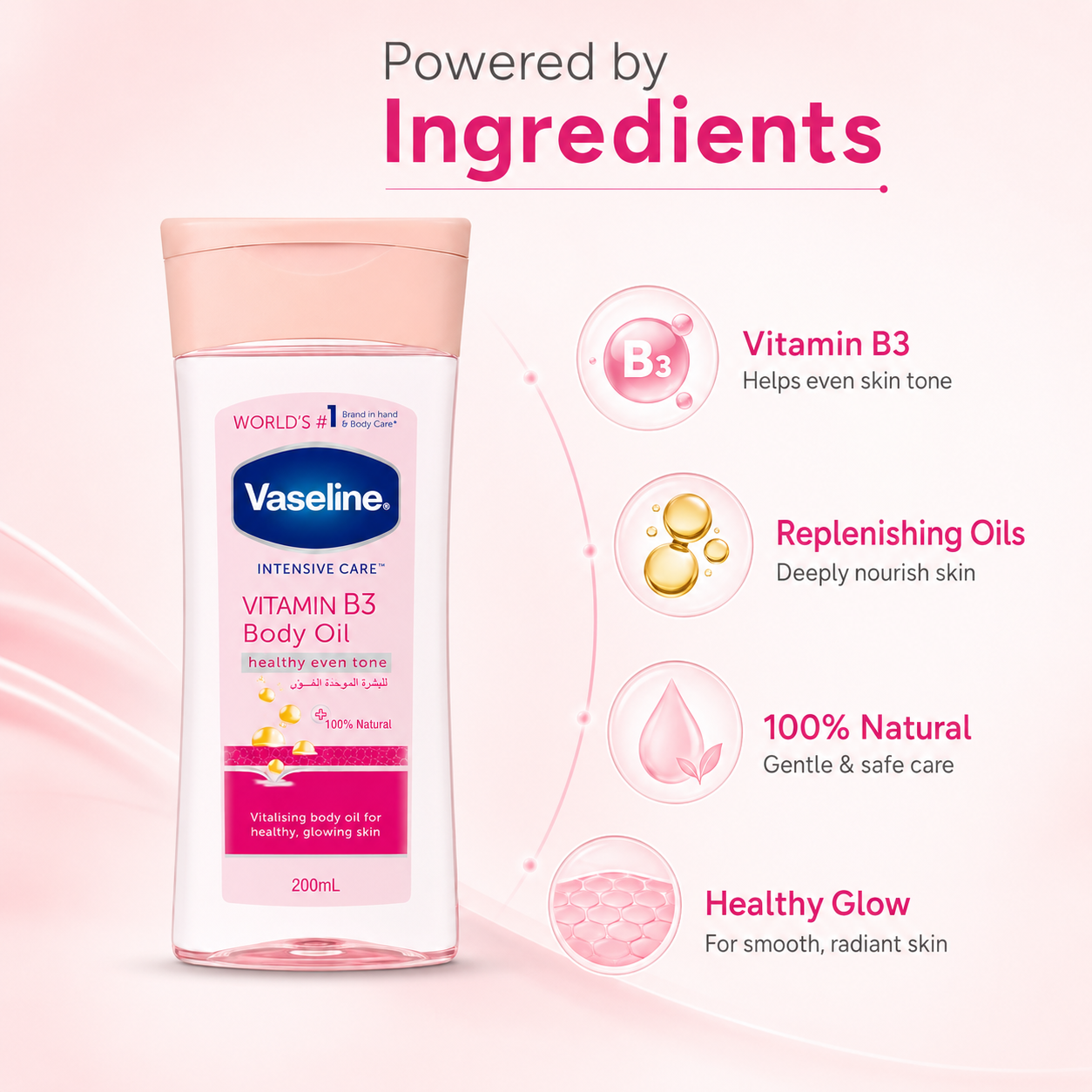Vaseline Intensive Care Vitamin B3 Body Oil 200ml for uneven skin tone and daily lightweight skin hydration