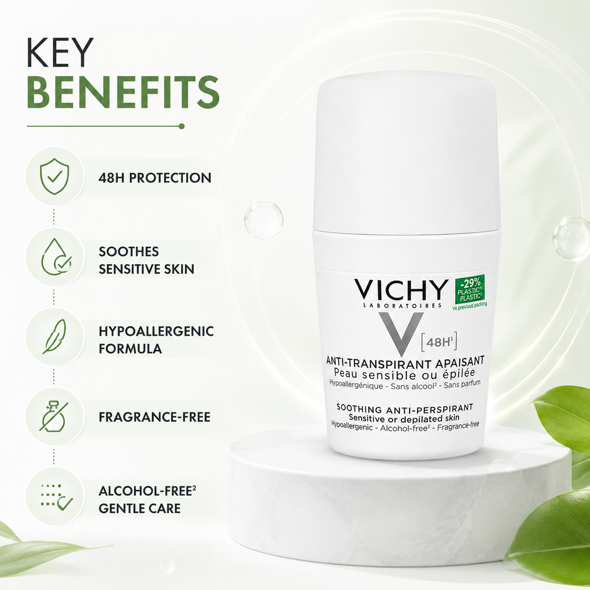 Vichy 48H Soothing Anti-Perspirant roll-on for sensitive or depilated skin, 50ml, with 48-hour protection