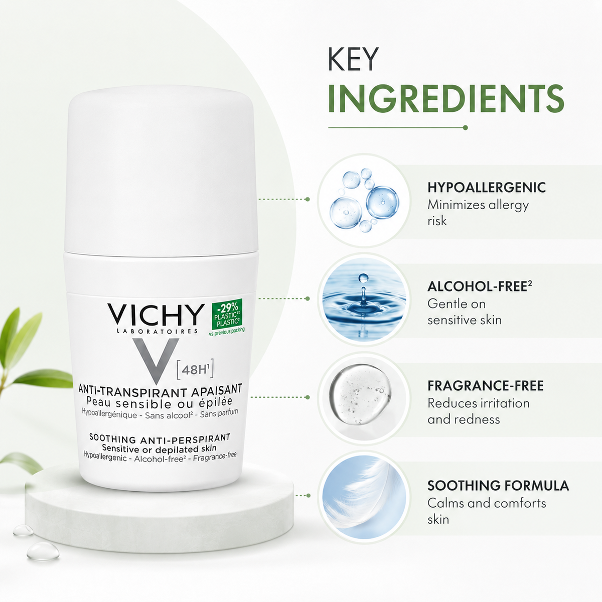Vichy 48H Soothing Anti-Perspirant roll-on for sensitive or depilated skin, 50ml, with 48-hour protection