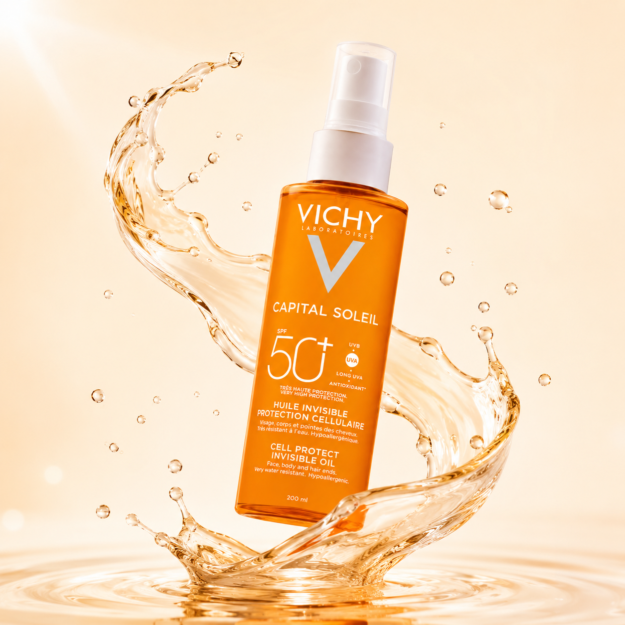 Vichy Capital Soleil Cell Protect Invisible Oil SPF 50+ 200ml sunscreen spray for face, body and hair with broad-spectrum UV protection.