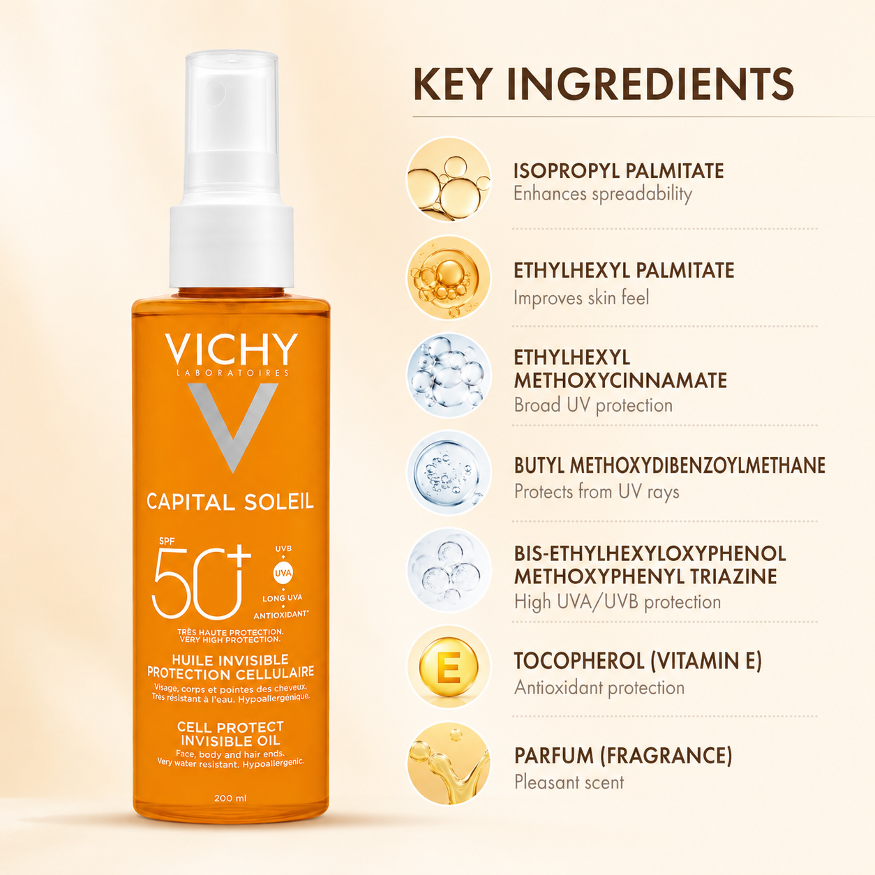 Vichy Capital Soleil Cell Protect Invisible Oil SPF 50+ 200ml sunscreen spray for face, body and hair with broad-spectrum UV protection.